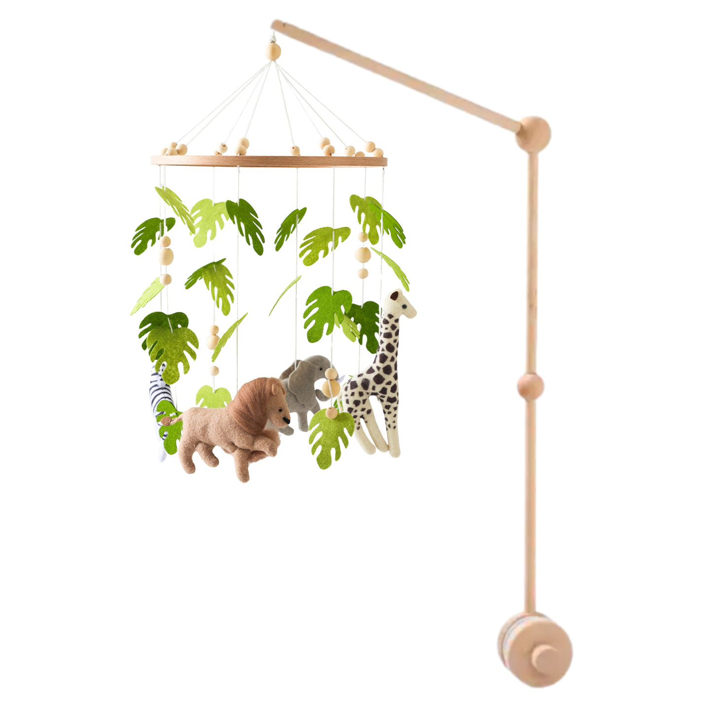 Handgemaakte baby mobiel tropische jungle van vilt en hout
