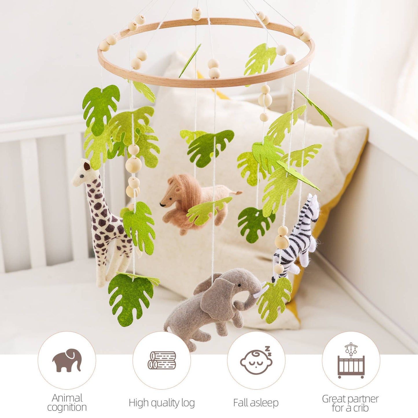Handgemaakte baby mobiel tropische jungle van vilt en hout