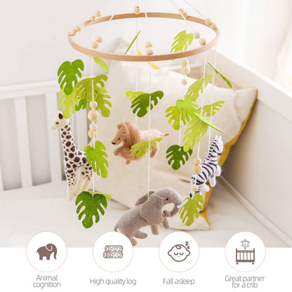 Handgemaakte baby mobiel tropische jungle van vilt en hout