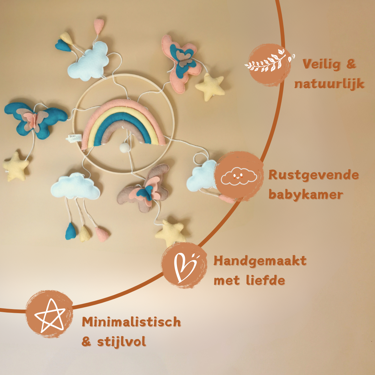 Handgemaakte Babymobiel Regenboog & Vlinder | Vilt & Hout