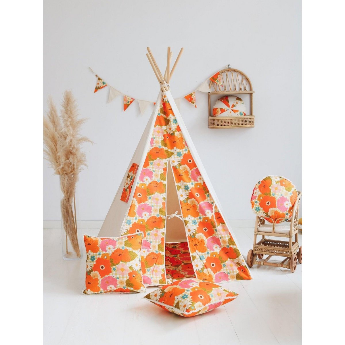 Tipi- en mattenset “Picknick met de bloemen”.